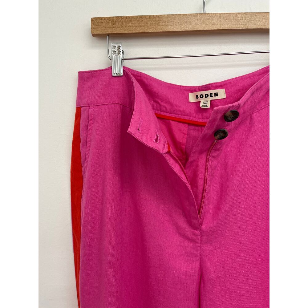 Boden Westbourne 100% Linen Wide Leg Pop Pansy Red Tuxedo Stripe Trousers 12R - Picture 7 of 11